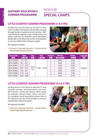 SPECIALCAMPS
80 | 活學專享年證持有人可享網上報名服務 Online enrollment available for Annual Pass Holders
特別日營
SPECIAL CAMPS
GATEWAY EDUCATION'S
SUMMER PROGRAMME
Possibly the most fun that can be had in a class
room! Students will explore real scientific concepts
through hands on experiments and activities. We'll
make things fly, explode, erupt, change colour and
plenty more too. For complete course description
please refer to the May/June section of the booklet
or visit our website http://clle.ywca.org.hk/
All materials included.
«Instructor: Gateway Education - Conducted by
NativeEnglishSpeakingTeacher
Exciting doesn't even begin to describe it! Real
scientific concepts, real experiments, real mess!
We'll predict, record and analyse while things
fly, explode, change shape, colour and form.
For complete course description please refer to
the May/June section of the booklet or visit our
website http://clle.ywca.org.hk/
All materials included.
«Instructor: Gateway Education - Conducted by
NativeEnglishSpeakingTeacher
LITTLE SCIENTIST SUMMER PROGRAMME (3-4.5YRS)
LITTLE SCIENTIST SUMMER PROGRAMME (4.5-6.5YRS)
CourseCode
編號
Date
上課日期
Day
星期
Time
上課時間
Sessions
堂數
APHFee
專享年證收費
StdFee
一般學費
Language
語言
BCH150399 7/7 - 9/7
Tue &
Thu
11:00 – 12:30
2 $630 $730
English
BCH150400 14/7 - 16/7 2 $630 $730
BCH150401 21/7 - 23/7 2 $630 $730
BCH150402 28/7 - 30/7 2 $630 $730
BCH150403 4/8 – 6/8 2 $630 $730
BCH150404 11/8 - 13/8 2 $630 $730
BCH150405 18/8 – 20/8 2 $630 $730
 