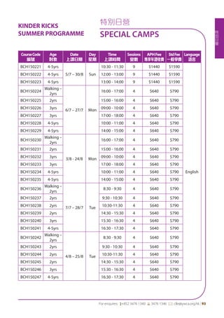 特
別
日
營
For enquires: (+852 3476 1340 6 3476 1346 *: clle@ywca.org.hk | 93
CourseCode
編號
Age
對象
Date
上課日期
Day
星期
Time
上課時間
Sessions
堂數
APHFee
專享年證收費
StdFee
一般學費
Language
語言
BCH150221 4-5yrs
5/7 – 30/8 Sun
10:30 - 11:30 9 $1440 $1590
English
BCH150222 4-5yrs 12:00 - 13:00 9 $1440 $1590
BCH150223 4-5yrs 13:00 - 14:00 9 $1440 $1590
BCH150224
Walking –
2yrs
6/7 – 27/7 Mon
16:00 - 17:00 4 $640 $790
BCH150225 2yrs 15:00 - 16:00 4 $640 $790
BCH150226 3yrs 09:00 - 10:00 4 $640 $790
BCH150227 3yrs 17:00 - 18:00 4 $640 $790
BCH150228 4-5yrs 10:00 - 11:00 4 $640 $790
BCH150229 4-5yrs 14:00 - 15:00 4 $640 $790
BCH150230
Walking –
2yrs
3/8 - 24/8 Mon
16:00 - 17:00 4 $640 $790
BCH150231 2yrs 15:00 - 16:00 4 $640 $790
BCH150232 3yrs 09:00 - 10:00 4 $640 $790
BCH150233 3yrs 17:00 - 18:00 4 $640 $790
BCH150234 4-5yrs 10:00 - 11:00 4 $640 $790
BCH150235 4-5yrs 14:00 - 15:00 4 $640 $790
BCH150236
Walking –
2yrs
7/7 – 28/7 Tue
8:30 - 9:30 4 $640 $790
BCH150237 2yrs 9:30 - 10:30 4 $640 $790
BCH150238 2yrs 10:30-11:30 4 $640 $790
BCH150239 2yrs 14:30 - 15:30 4 $640 $790
BCH150240 3yrs 15:30 - 16:30 4 $640 $790
BCH150241 4-5yrs 16:30 - 17:30 4 $640 $790
BCH150242
Walking –
2yrs
4/8 – 25/8 Tue
8:30 - 9:30 4 $640 $790
BCH150243 2yrs 9:30 - 10:30 4 $640 $790
BCH150244 2yrs 10:30-11:30 4 $640 $790
BCH150245 2yrs 14:30 - 15:30 4 $640 $790
BCH150246 3yrs 15:30 - 16:30 4 $640 $790
BCH150247 4-5yrs 16:30 - 17:30 4 $640 $790
特別日營
SPECIAL CAMPS
KINDER KICKS
SUMMER PROGRAMME
 