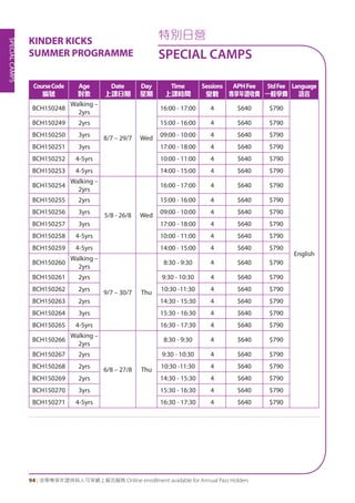 SPECIALCAMPS
94 | 活學專享年證持有人可享網上報名服務 Online enrollment available for Annual Pass Holders
CourseCode
編號
Age
對象
Date
上課日期
Day
星期
Time
上課時間
Sessions
堂數
APHFee
專享年證收費
StdFee
一般學費
Language
語言
BCH150248
Walking –
2yrs
8/7 – 29/7 Wed
16:00 - 17:00 4 $640 $790
English
BCH150249 2yrs 15:00 - 16:00 4 $640 $790
BCH150250 3yrs 09:00 - 10:00 4 $640 $790
BCH150251 3yrs 17:00 - 18:00 4 $640 $790
BCH150252 4-5yrs 10:00 - 11:00 4 $640 $790
BCH150253 4-5yrs 14:00 - 15:00 4 $640 $790
BCH150254
Walking –
2yrs
5/8 - 26/8 Wed
16:00 - 17:00 4 $640 $790
BCH150255 2yrs 15:00 - 16:00 4 $640 $790
BCH150256 3yrs 09:00 - 10:00 4 $640 $790
BCH150257 3yrs 17:00 - 18:00 4 $640 $790
BCH150258 4-5yrs 10:00 - 11:00 4 $640 $790
BCH150259 4-5yrs 14:00 - 15:00 4 $640 $790
BCH150260
Walking –
2yrs
9/7 – 30/7 Thu
8:30 - 9:30 4 $640 $790
BCH150261 2yrs 9:30 - 10:30 4 $640 $790
BCH150262 2yrs 10:30 -11:30 4 $640 $790
BCH150263 2yrs 14:30 - 15:30 4 $640 $790
BCH150264 3yrs 15:30 - 16:30 4 $640 $790
BCH150265 4-5yrs 16:30 - 17:30 4 $640 $790
BCH150266
Walking –
2yrs
6/8 – 27/8 Thu
8:30 - 9:30 4 $640 $790
BCH150267 2yrs 9:30 - 10:30 4 $640 $790
BCH150268 2yrs 10:30 -11:30 4 $640 $790
BCH150269 2yrs 14:30 - 15:30 4 $640 $790
BCH150270 3yrs 15:30 - 16:30 4 $640 $790
BCH150271 4-5yrs 16:30 - 17:30 4 $640 $790
特別日營
SPECIAL CAMPS
KINDER KICKS
SUMMER PROGRAMME
 
