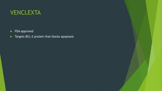 VENCLEXTA
 FDA approved
 Targets BCL-2 protein that blocks apoptosis
 
