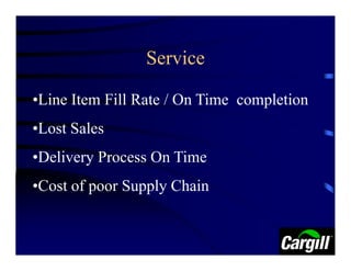 Service

•Line Item Fill Rate / On Time completion
•Lost Sales
•Delivery Process On Time
•Cost of poor Supply Chain
 