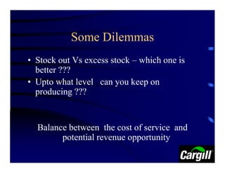Some Dilemmas
• Stock out Vs excess stock – which one is
  better ???
• Upto what level can you keep on
  producing ???


  Balance between the cost of service and
        potential revenue opportunity
 