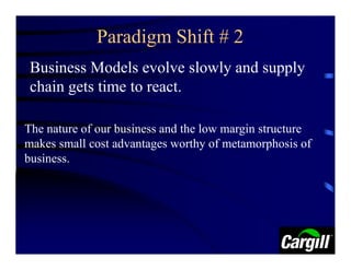Paradigm Shift # 2
 Business Models evolve slowly and supply
 chain gets time to react.

The nature of our business and the low margin structure
makes small cost advantages worthy of metamorphosis of
business.
 