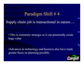 Paradigm Shift # 4
Supply chain job is transactional in nature….


 • This is extremely strategic as it can potentially create
 huge value


 •Advances in technology and business also have made
 greater focus on planning possible.
 
