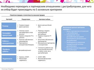 Необходимо переходить к партнерским отношениям с дистрибуторами, для чего
их отбор будет происходить по 5 основным критериям

            Стратегии продаж и логистики по каналам продаж

      Критерий             Подкритерии             Критерии выбора



                     • Размер складов          • Доля в регионе более
 Размер              • Доля в регионе            25%                       Выполнение данных критериев
                                                                           приведет к:
                     • Наличие наших           • Переход к модели            • Более партнерским отношениям
                       дистрибуторов в этом      эксклюзивной
 География                                                                     с дистрибуторам
                       регионе                   дистрибуции
 присутствия                                                                 • Сокращению числа
                     • Уровень покрытия ТТ в   • Уровень покрытия ТТ
                                                                               дистрибуторов до уровня
                       регионе                   >70%
                                                                               эксклюзивных региональных
                     • Наличие собственного    • Отсутствие собственного
 Работа с                                                                      дистрибуторов
                       производства              производства
                     • Партнерство с           • Минимальное партнерство     • Необходимости изменения
 конкурентами                                                                  поощрительной системы
                       конкурентами Инмарко      с конкурентами
                                                                               дистрибуторов
                                               • Готовность работать как     • Большей степени поддержки
 Профиль                                         логистом (Key-Accounts        дистрибуторов
                     • Дистрибутор/логист
 работы                                          и собств. сеть), так и
                                                 дистрибутором

                     • Уровень CCFOT           • CCFOT >90%
 Надежность          • Финансовая              • Высокая финансовая
                       надежность                надежность




Команда 2big2fail
 