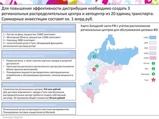 Для повышения эффективности дистрибуции необходимо создать 3
региональных распределительных центра и автоцентр из 20 единиц транспорта.
Суммарные инвестиции составят ок. 1 млрд руб.
Выбор расположения для региональных распределительных           Карта Западной части РФ с учётом расположения
центров и их планируемые мощности                               региональных центров для обслуживания целевых ФО
1 – Ростов-на-Дону, мощностью 15000 палетомест
2 – Московская Область, мощностью 17000 палетомест                                                     СЗФО
3 – Новгород, 9000 палетомест
4 – логистический центр в Туле, обладающий функциями                                                    ЦФО
регионального распред.центра
                                                                                                        ПФО

Факторы выбора месторасположения распределительных                                                     ЮФО
центров и планируемых мощностей                                          3                             СКФО
• Размер региона, а также наличие крупных городов в разумной
  доступности                                                                                          Ростов   1
• Транспортная доступность регионального центра (расположение                2
  вблизи крупных магистралей)                                            4                              МО      2
• Планируемые мощности распределялись пропорционально
  потреблению в обслуживаемых регионов с запасом мощности в                                          Новгород   3
  20%
                                                                                                        Тула    4
Необходимые инвестиции                                               1
Строительство региональных центров: 916 млн рублей
Для доставки мороженого с завода в Туле в региональные
распределительные центры требуется создать собственный
автопарк: 20 грузовиков общей стоимостью 58 млн рублей

Способ управления региональными центрами
Региональный центр контролируется местным менеджментом.
Планирование поставок осуществляется Москвой

Команда 2big2fail
 