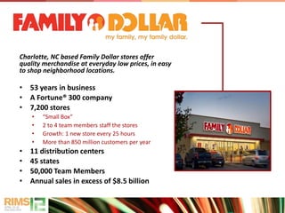 Charlotte, NC based Family Dollar stores offer
quality merchandise at everyday low prices, in easy
to shop neighborhood locations.
• 53 years in business
• A Fortune® 300 company
• 7,200 stores
• “Small Box”
• 2 to 4 team members staff the stores
• Growth: 1 new store every 25 hours
• More than 850 million customers per year
• 11 distribution centers
• 45 states
• 50,000 Team Members
• Annual sales in excess of $8.5 billion
 