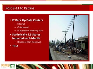 Post 9-11 to Katrina
• IT Back Up Data Centers
– Internal
– Outsourced
– IT Business Continuity Plan
• Statistically 2.5 Stores
Impaired each Month
– Response Plan (Reactive)
• TRIA
 