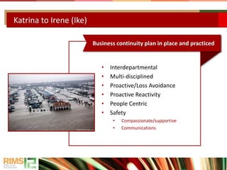 Katrina to Irene (Ike)
• Interdepartmental
• Multi-disciplined
• Proactive/Loss Avoidance
• Proactive Reactivity
• People Centric
• Safety
• Compassionate/supportive
• Communications
Business continuity plan in place and practiced
 