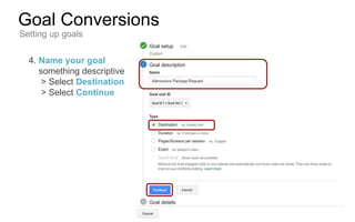 4. Name your goal
something descriptive
> Select Destination
> Select Continue
Goal Conversions
Setting up goals
 