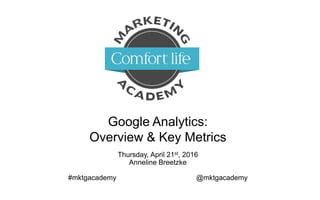 Google Analytics:
Overview & Key Metrics
Thursday, April 21st, 2016
Anneline Breetzke
#mktgacademy @mktgacademy
 