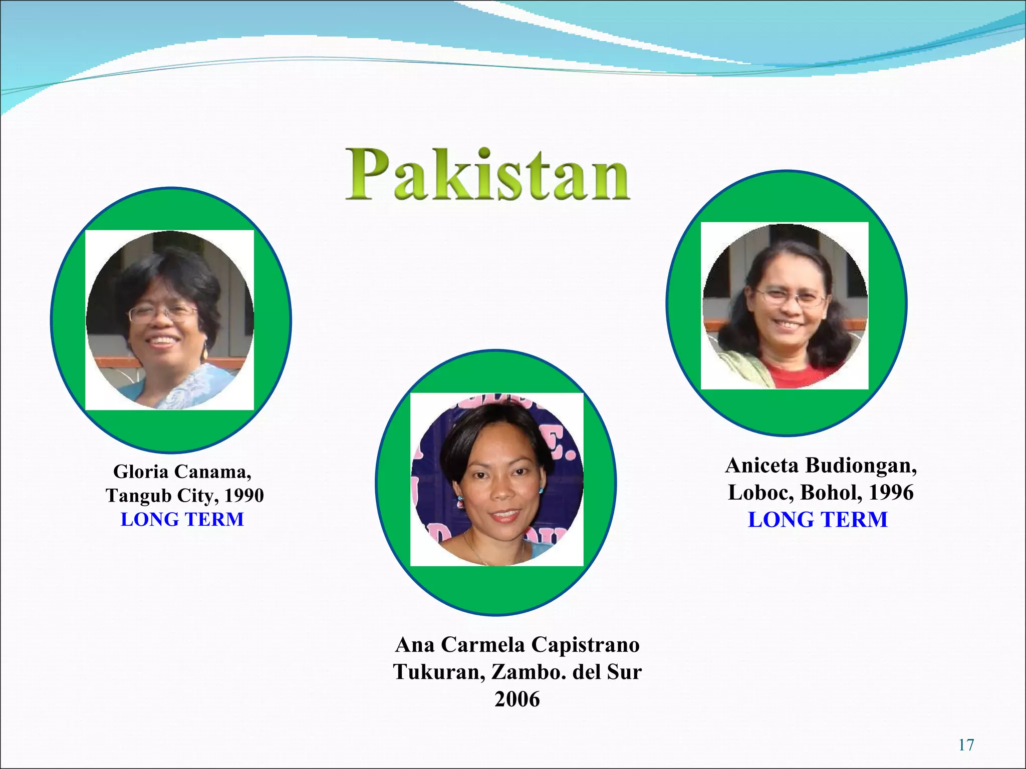 Ana Carmela Capistrano Tukuran, Zambo. del Sur 2006 Gloria Canama,  Tangub City, 1990 LONG TERM  Aniceta Budiongan, Loboc, Bohol, 1996 LONG TERM  