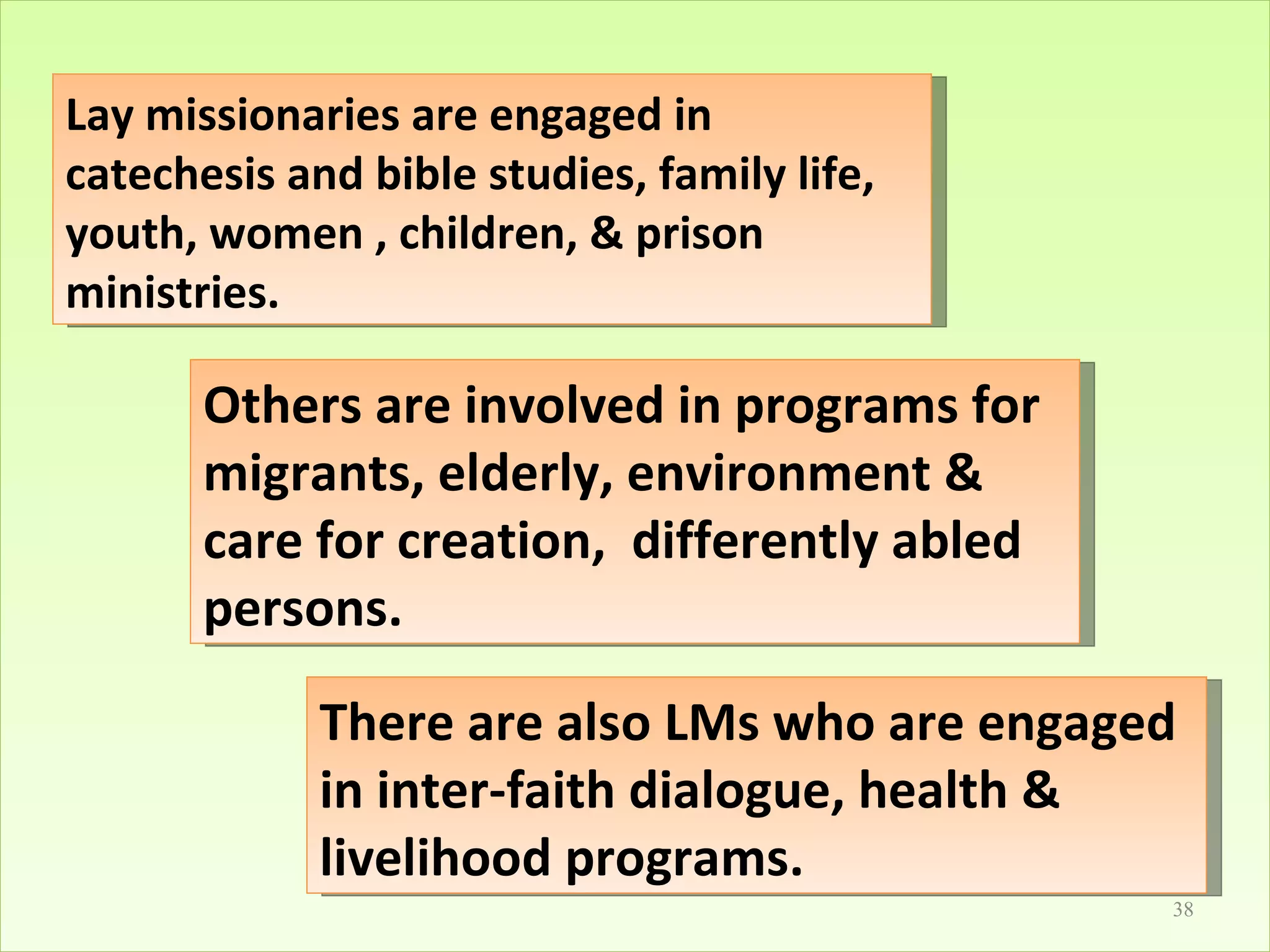 With elderly Lay missionaries are engaged in catechesis and bible studies, family life, youth, women , children, & prison ministries. Others are involved in programs for migrants, elderly, environment & care for creation,  differently abled persons. There are also LMs who are engaged in inter-faith dialogue, health & livelihood programs.  