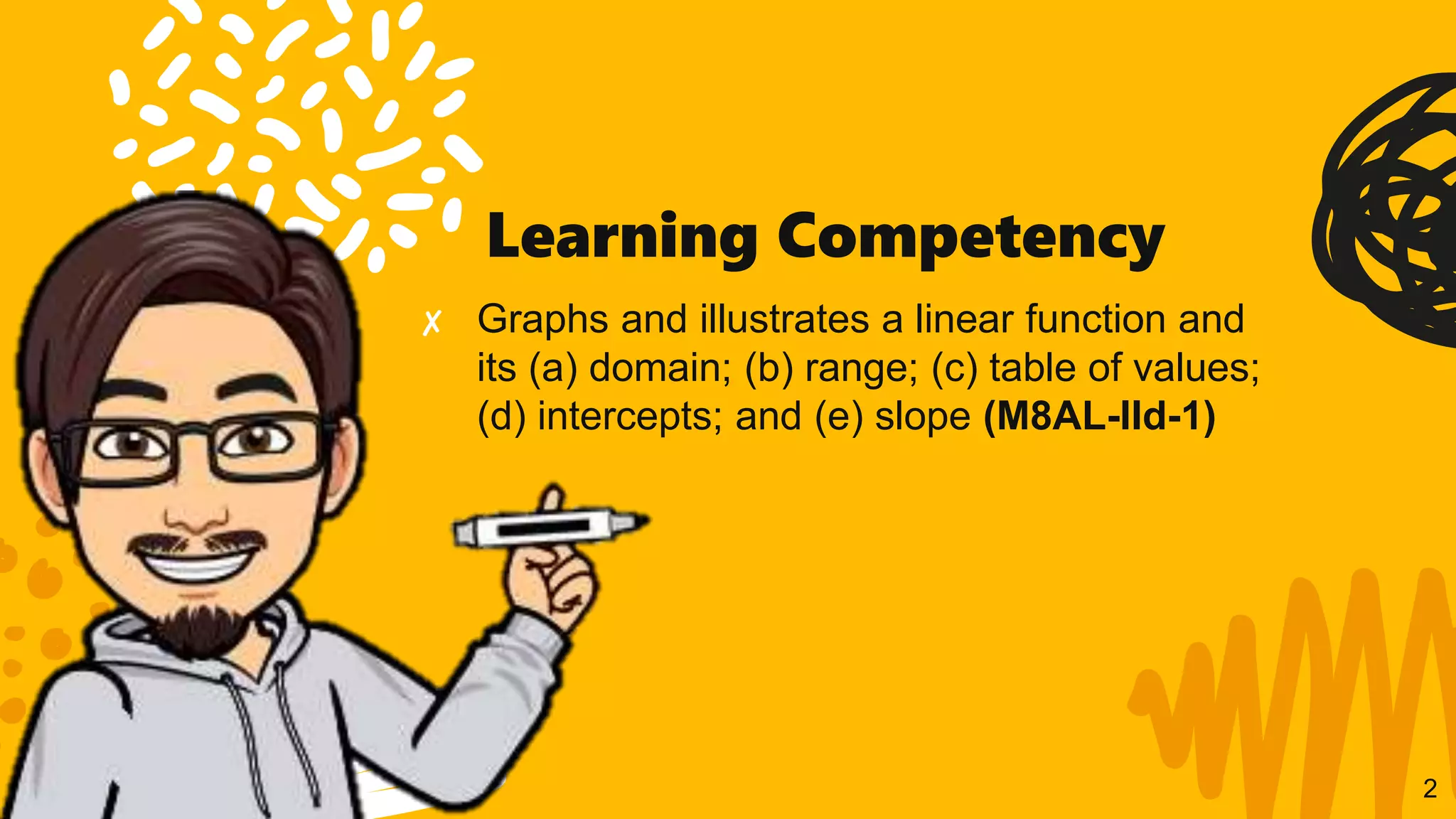 Learning Competency
2
✘ Graphs and illustrates a linear function and
its (a) domain; (b) range; (c) table of values;
(d) intercepts; and (e) slope (M8AL-IId-1)
 