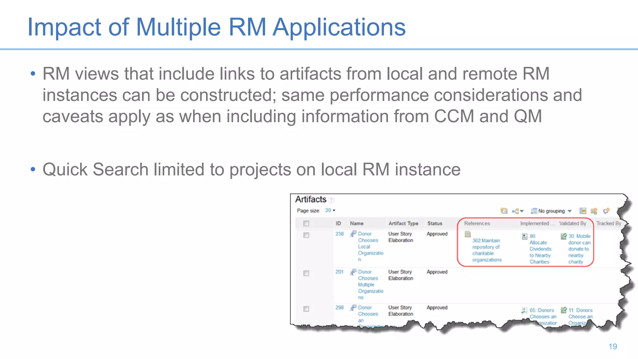 Impact of Multiple RM Applications
• RM views that include links to artifacts from local and remote RM
instances can be constructed; same performance considerations and
caveats apply as when including information from CCM and QM
• Quick Search limited to projects on local RM instance
19
 