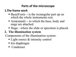 1.The frame work
 Base(Foot)- - is the rectangular part up on
which the whole instruments rest.
 Arm(stand) -- to which the base, body and
stage are attached.
 Stage - where the slide or specimen is placed.
2. The illumination system
Components of the illumination system:
 Light source & intensity control
 Iris diaphragm
 Condenser
Parts of the microscope
 