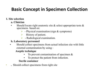 Basic Concept in Specimen Collection
1. Site selection
a. Clinician
• Should locate right anatomic site & select appropriate tests &
specimens based on:
 - Physical examination (sign & symptoms)
 History of patient.
 - Radiological examination.
b. Laboratory personnel
• Should collect specimens from actual infection site with little
external contamination by using :
Aseptic technique
• To prevent contamination of specimen &
• To protect the patient from infection.
Sterile container
• . Should collect specimens from right site
 