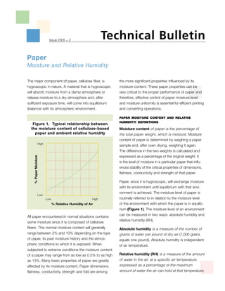 Technical Bulletin
                           Issue 2005 – 2




Paper
Moisture and Relative Humidity

The major component of paper, cellulose fiber, is                 the more significant properties influenced by its
hygroscopic in nature. A material that is hygroscopic             moisture content. These paper properties can be
will absorb moisture from a damp atmosphere or                    very critical to the proper performance of paper and
release moisture to a dry atmosphere and, after                   therefore, effective control of paper moisture level
sufficient exposure time, will come into equilibrium              and moisture uniformity is essential for efficient printing
(balance) with its atmospheric environment.                       and converting operations.

                                                                  PAPER MOISTURE CONTENT AND RELATIVE
                                                                  HUMIDITY: DEFINITIONS
   Figure 1. Typical relationship between
  the moisture content of cellulose-based                         Moisture content of paper is the percentage of
    paper and ambient relative humidity                           the total paper weight, which is moisture. Moisture
                                                                  content of paper is determined by weighing a paper
                  High
                                                                  sample and, after oven drying, weighing it again.
                                                                  The difference in the two weights is calculated and
                                                                  expressed as a percentage of the original weight. It
    % Paper Moisture




                                                                  is the level of moisture in a particular paper that influ-
                                                                  ences stability of the critical properties of dimensions,
                                                                  flatness, conductivity and strength of that paper.

                                                                  Paper, since it is hygroscopic, will exchange moisture
                                                                  with its environment until equilibrium with that envi-
                                                                  ronment is achieved. The moisture level of paper is
                  Low
                                                                  routinely referred to in relation to the moisture level
                         Low                            High
                                                                  of the environment with which the paper is in equilib-
                               % Relative Humidity of Air
                                                                  rium (Figure 1). The moisture level of an environment
                                                                  can be measured in two ways: absolute humidity and
All paper encountered in normal situations contains
                                                                  relative humidity (RH).
some moisture since it is composed of cellulose
fibers. This normal moisture content will generally               Absolute humidity is a measure of the number of
range between 2% and 10% depending on the type                    grains of water per pound of dry air (7,000 grains
of paper, its past moisture history and the atmos-                equals one pound). Absolute humidity is independent
pheric conditions to which it is exposed. When                    of air temperature.
subjected to extreme conditions the moisture content
                                                                  Relative humidity (RH) is a measure of the amount
of a paper may range from as low as 0.5% to as high
                                                                  of water in the air, at a specific air temperature,
as 13%. Many basic properties of paper are greatly
                                                                  expressed as a percentage of the maximum
affected by its moisture content. Paper dimensions,
                                                                  amount of water the air can hold at that temperature.
flatness, conductivity, strength and fold are among
 