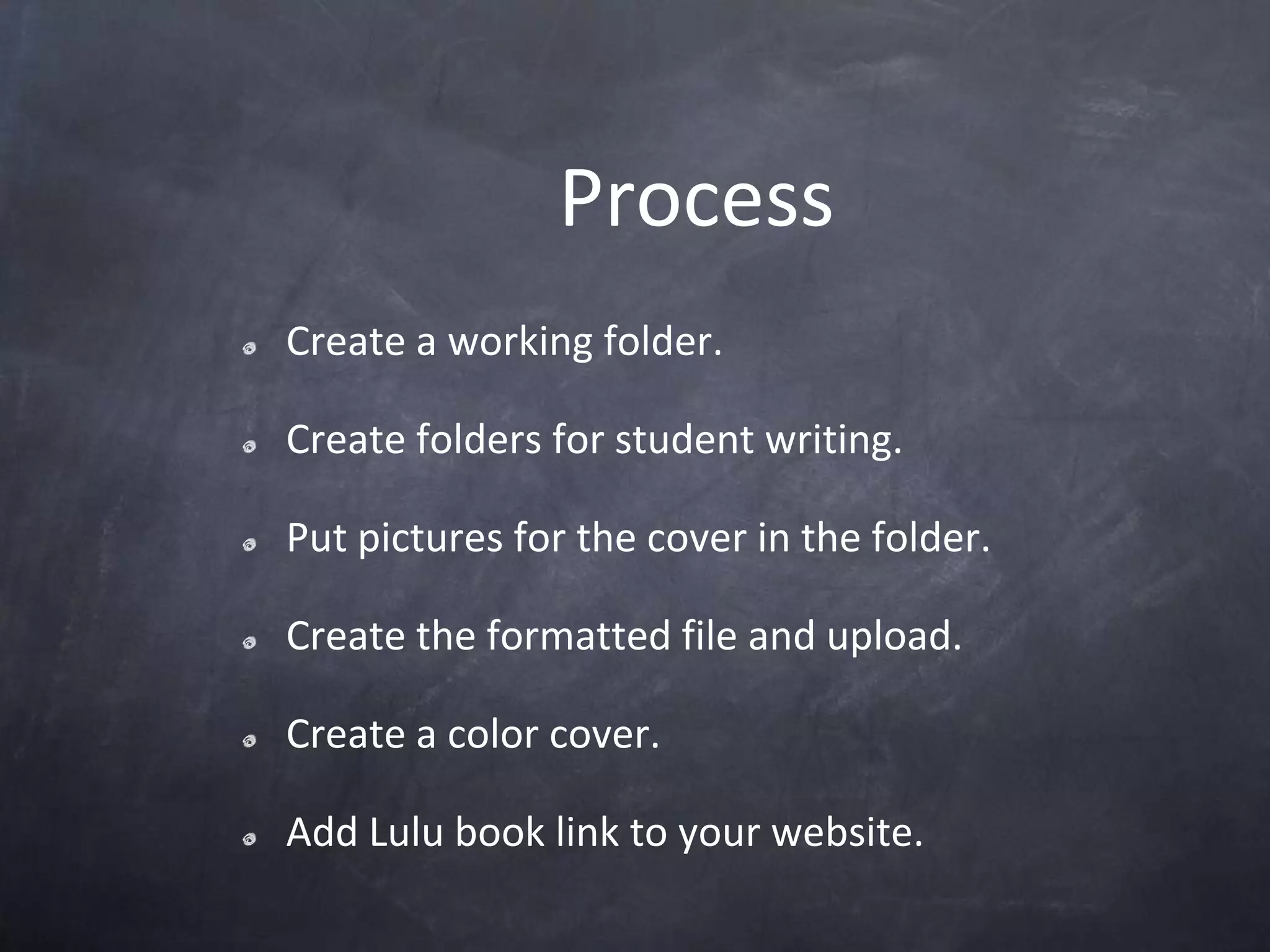 ProcessCreate a working folder.Create folders for student writing.Put pictures for the cover in the folder.Create the formatted file and upload.Create a color cover.Add Lulu book link to your website.