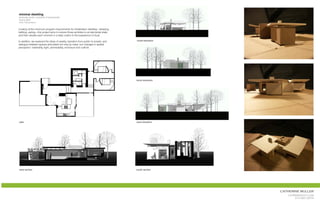 minimal dwelling
graduate studio, university of texas/austin
spring 2007
critic: bill jackson

Looking at the minimum program requirements for inhabitation dwelling—sleeping,
bathing, eating—this project aims to reduce those activities to an elemental state,
and then elevate each moment in a daily routine to the experience of ritual.

In addition, we explored the ideas of axiality, transition from public to private, and      south elevation
dialogue between spaces articulated not only by mass, but changes in spatial
perception: materiality, light, permeability, enclosure and outlook.




                                                                                            north elevation




plan                                                                                        west elevation




                                                                             WEST SECTION
                                                                             1/4” 1’
west section                                                                                SOUTH SECTION
                                                                                             south section
                                                                                            1/4” = 1’




                                                                                                              catherine muller
                                                                                                                 cat@mrsnoot.com
                                                                                                                     510.681.5974
 