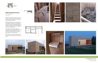 GHOST architectural laboratory
design/build apprenticeship
nova scotia, canada
summer 2008


GHOST 10 explored the concept of an urban
attitude in a rural setting, while examining the
essential programatic elements for living: eat,
sleep, bathe, work, socialize.

Elevating these elements to a ritualized status,
we designed the 1000’ house: two pavillions,
one for day, the other for night, separated by a
1000 foot ‘courtyard’ (and 80 feet in elevation),
defining an urban existance in the relationship
of each to the adjacent road.

The workshop is an intensive design and
construction exercise with 30 participants—both
students and practicing architects—who
collectively conceive, develop, and build the
group’s vision in a two-week period.

Brian MacKay-Lyons hosts the program each
year on his coastal property near Halifax, Nova
Scotia.




                                                    catherine muller
                                                       cat@mrsnoot.com
                                                           510.681.5974
 