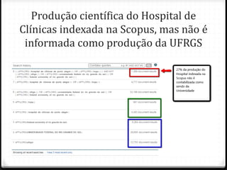 Produção científica do Hospital de
Clínicas indexada na Scopus, mas não é
informada como produção da UFRGS
 