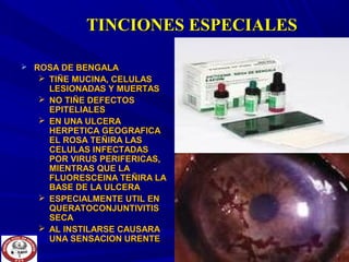 TINCIONES ESPECIALESTINCIONES ESPECIALES
 ROSA DE BENGALAROSA DE BENGALA
 TIÑE MUCINA, CELULASTIÑE MUCINA, CELULAS
LESIONADAS Y MUERTASLESIONADAS Y MUERTAS
 NO TIÑE DEFECTOSNO TIÑE DEFECTOS
EPITELIALESEPITELIALES
 EN UNA ULCERAEN UNA ULCERA
HERPETICA GEOGRAFICAHERPETICA GEOGRAFICA
EL ROSA TEÑIRA LASEL ROSA TEÑIRA LAS
CELULAS INFECTADASCELULAS INFECTADAS
POR VIRUS PERIFERICAS,POR VIRUS PERIFERICAS,
MIENTRAS QUE LAMIENTRAS QUE LA
FLUORESCEINA TEÑIRA LAFLUORESCEINA TEÑIRA LA
BASE DE LA ULCERABASE DE LA ULCERA
 ESPECIALMENTE UTIL ENESPECIALMENTE UTIL EN
QUERATOCONJUNTIVITISQUERATOCONJUNTIVITIS
SECASECA
 AL INSTILARSE CAUSARAAL INSTILARSE CAUSARA
UNA SENSACION URENTEUNA SENSACION URENTE
 