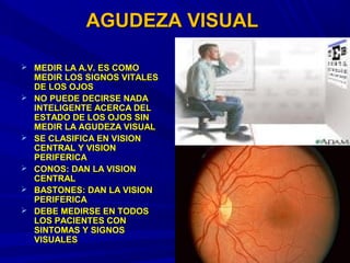 AGUDEZA VISUALAGUDEZA VISUAL
 MEDIR LA A.V. ES COMOMEDIR LA A.V. ES COMO
MEDIR LOS SIGNOS VITALESMEDIR LOS SIGNOS VITALES
DE LOS OJOSDE LOS OJOS
 NO PUEDE DECIRSE NADANO PUEDE DECIRSE NADA
INTELIGENTE ACERCA DELINTELIGENTE ACERCA DEL
ESTADO DE LOS OJOS SINESTADO DE LOS OJOS SIN
MEDIR LA AGUDEZA VISUALMEDIR LA AGUDEZA VISUAL
 SE CLASIFICA EN VISIONSE CLASIFICA EN VISION
CENTRAL Y VISIONCENTRAL Y VISION
PERIFERICAPERIFERICA
 CONOS: DAN LA VISIONCONOS: DAN LA VISION
CENTRALCENTRAL
 BASTONES: DAN LA VISIONBASTONES: DAN LA VISION
PERIFERICAPERIFERICA
 DEBE MEDIRSE EN TODOSDEBE MEDIRSE EN TODOS
LOS PACIENTES CONLOS PACIENTES CON
SINTOMAS Y SIGNOSSINTOMAS Y SIGNOS
VISUALESVISUALES
 