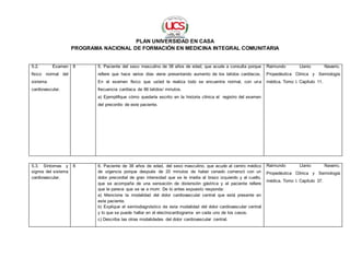 PLAN UNIVERSIDAD EN CASA
PROGRAMA NACIONAL DE FORMACIÓN EN MEDICINA INTEGRAL COMUNITARIA
5.2. Examen
físico normal del
sistema
cardiovascular.
8 5. Paciente del sexo masculino de 38 años de edad, que acude a consulta porque
refiere que hace varios días viene presentando aumento de los latidos cardíacos.
En el examen físico que usted le realiza todo se encuentra normal, con una
frecuencia cardíaca de 86 latidos/ minutos.
a) Ejemplifique cómo quedaría escrito en la historia clínica el registro del examen
del precordio de este paciente.
Raimundo Llanio Navarro.
Propedéutica Clínica y Semiología
médica. Tomo I. Capítulo 11.
5.3. Síntomas y
signos del sistema
cardiovascular.
8 6. Paciente de 38 años de edad, del sexo masculino, que acude al centro médico
de urgencia porque después de 20 minutos de haber cenado comenzó con un
dolor precordial de gran intensidad que se le irradia al brazo izquierdo y al cuello,
que se acompaña de una sensación de distensión gástrica y el paciente refiere
que le parece que se va a morir. De lo antes expuesto responda:
a) Mencione la modalidad del dolor cardiovascular central que está presente en
este paciente.
b) Explique el semiodiagnóstico de esta modalidad del dolor cardiovascular central
y lo que se puede hallar en el electrocardiograma en cada uno de los casos.
c) Describa las otras modalidades del dolor cardiovascular central. __ Propiedad de produ
Raimundo Llanio Navarro.
Propedéutica Clínica y Semiología
médica. Tomo I. Capítulo 37.
 
