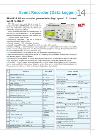 Event Recorder (Data Logger)
RPM-416 Microcontroller powerd ultra high speed 16 channel
Event Recorder
RPM-416 recorder can record data at a speed of 1
(one) millisecond to a SD/MMC/SDHC memory card, from
where they can be subsequently analyzed on stationary or
portable PCs using special software.
RPM-416 allows connection to an Ethernet network. In
this case, data can be transferred to a PC in a digital form,
while simultaneously being recorded to the memory card.
The main features of the recorder:
Multichannel transmission – one unit is enough to
receive complete set of operating data;
Galvanic separation – high voltage input signals are
galvanically separated from other inputs, allowing simple connection of the recorder;
Remote monitoring – a recorder installed in a poorly accessible area and connected to Ethernet can transmit data
to a PC, while also writing to a memory card. This allows monitoring equipment remotely. More detailed analysis can
be carried out based on the data saved on memory card;
Autonomous operation – the recorder can also work from a backup power supply (24V);
High reliability – the self-controlling system and the data storage algorithm prevent loss of data in case of emergency
(loss of power, electric or physical damage);
Convenient setup – the four-line LED display allows setting up the recorder and monitoring its operation; the display
shows values of the recorded incoming signals, and the keyboard is used to setup and program the recorder.
Universality – the unit’s modular design allows expanding the range of input signals (voltage, current, temperature,
discreet inputs, etc.). Owing to the modular design, the number of the recorder inputs (16) can be increased up to 40.
Modules can be ordered in terms of temperature channels, transducer channels, etc.
S.
No
Features RPM-416
1 Nominal power voltage (AC) ~220 V
2 Operating voltage (AC) 24 - 265 V
3 Backup power voltage (DC) 24 - 110 V
4 Power frequency 45 - 65 Hz
5 Power under load, max 10.0 VА
6 Recording to memory card time 0.001 - 3600 s
7 External medium (memory card) SD/MMC
8 Maximum capacity of external medium 32 GB
9 Supported file systems, FAT 12, 16, 32
10 Size of one data block (40 channels) 88 bytes
11 Maximum data file size 2 GB
12 Internal clock error at 25ºС, max, s/24h 1
13 Communication with PC Ethernet
14 Weight, max 0.5 kg
15 Dimensions 157 х 85 х 55 mm
16 Purpose of equipment
Control and
distribution
equipment
17 Nominal operating mode continuous
18
Protection grade: - housing
- terminal bus
ІР40
IP20
19 Installed to standard 35 mm DIN rack rail Yes
20 Free positioning Yes
Input signals
Voltage channels - 3
Measuring range 0 - 500 V
Measuring error, max 3 V
Voltage frequency 25 – 70 Hz
Measuring type Immediate or RMS
Current channels - 4
Measuring range 0 – 1000 A
Measuring error 2%
Current sensor type (with standard
output)
1A or 5A
Measuring type Immediate or RMS
Digital channels – 5
Signal type Dry contact
Temperature channels – 2
Measuring range -30 to +120 ºС
Measuring type Immediate or RMS
Channel 1 sensor type
ТСТ-1-8-10k-B NTC
(633)
Channel 2 sensor type
ТСТ-1-8-10k-B NTC
(633)
Current channel with standard
trasnsducer input 0-5mA, 0-20mA,
4-20mA
1
Voltage channel with standard
transducer input 0-5V, 0-10V
1
 