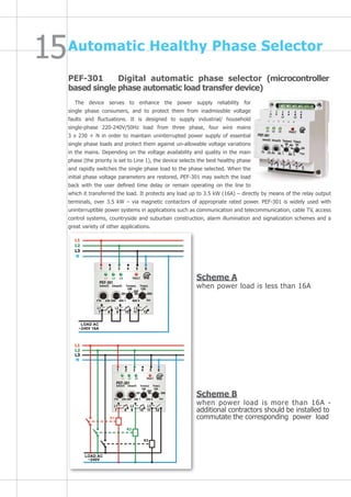 Automatic Healthy Phase Selector
PEF-301 Digital automatic phase selector (microcontroller
based single phase automatic load transfer device)
The device serves to enhance the power supply reliability for
single phase consumers, and to protect them from inadmissible voltage
faults and fluctuations. It is designed to supply industrial/ household
single-phase 220-240V/50Hz load from three phase, four wire mains
3 x 230 + N in order to maintain uninterrupted power supply of essential
single phase loads and protect them against un-allowable voltage variations
in the mains. Depending on the voltage availability and quality in the main
phase (the priority is set to Line 1), the device selects the best healthy phase
and rapidly switches the single phase load to the phase selected. When the
initial phase voltage parameters are restored, PEF-301 may switch the load
back with the user defined time delay or remain operating on the line to
which it transferred the load. It protects any load up to 3.5 kW (16A) – directly by means of the relay output
terminals, over 3.5 kW – via magnetic contactors of appropriate rated power. PEF-301 is widely used with
uninterruptible power systems in applications such as communication and telecommunication, cable TV, access
control systems, countryside and suburban construction, alarm illumination and signalization schemes and a
great variety of other applications.
Scheme A
when power load is less than 16A
Scheme B
when power load is more than 16A -
additional contractors should be installed to
commutate the corresponding power load
L1
L2
L3
N
K3
L1
L2
L3
N
K2
K1
1 2 3 4 5 6
1 2 3 4 5 6
L1 L2 L3 FAULT
L1 L2 L3
7 8 9 10 11 12
PEF-301
Umin(V) Umax(V) Ton(sec) Tr(sec)
100 125
300
50 50 200
175 230 250 300 1 600 5
L1 L2 L3 FAULT
L1 L2 L3
7 8 9 10 11 12
PEF-301
Umin(V) Umax(V) Ton(sec) Tr(sec)
100 125
300
50 50 200
175 230 250 300 1 600 5
LOAD AC
~240V
LOAD AC
~240V 16A
 