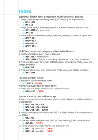 INDEX
Electrical circuit fault protection multifunctional relays:
1. Single phase voltage monitoring relays (DIN mounting for industrial use)
RN-111M
RN-113
Single phase voltage relays (plug-socket & board mounting for domestic use)
RN-101M plug-socket type;
RN-102
2. Three phase multifunctional voltage monitoring relays (3-ph 3 wire & 3-ph 4 wire)
RNPP-301
RNPP-302
RNPP-311M
RNPP-311
Multifunctional and programmable astro timers:
3. Multifunctional time delay relays (2 Channel)
REV-201 (6 modifications)
REV-201M (4 functions: time delay, pulse timer, cyclic timer, star-delta)
4. Programmable yearly timer with ASTRO functions with external Photo sensor and
Voltage protection
REV-302
5. Programmable weekly timer with in-built Photo sensor and Voltage protection
RN-16TM
Process control timer:
6. Sequential cum Combination Timer
TK-415 (NEW)
Numeric power factor controller:
7. Three Phase 6 Stage Power Factor Correction Relay
KRM-136 (NEW)
Numeric motor protection relays:
8. Asynchronous motor protection device having earth leakage and winding insulation
level protection
UBZ-301 (5A – 50A)
UBZ-301 (10A – 100A)
UBZ-301 (63A – 630A)
9. Numeric motor protection device with RS232 & RS485 Modbus RTU communication
for SCADA
UBZ-302
10. Numeric motor protection relay (96 x 96 Flush mounting) with communication
UBZ-304 (NEW)
11. Single phase pump-motor starter cum protection unit
UBZ-115 (upto 25A) (NEW)
UBZ-118 (upto 12A) (NEW)
 