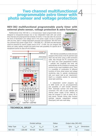 Two channel multifunctional
programmable astro timer with
photo sensor and voltage protection
Multifunctional timer REV-302 is a microprocessor based programmable device
designed to energize/de-energize one or two independent loads with user preset
time intervals and preprogrammed schedule of events. It may also take into account
the level of illumination and voltage level in the power supply circuits to operate
with any time, light or voltage dependent processes and equipment. REV-302 timer
has universal input power supply of DС = 100-300V, AC ~ 90-420V and alternatively
could be powered by reserve supply source of DС = 8-30V. You can program this
device as a daily, weekly, monthly and yearly timer with possibility of a specific list of
exceptional events for days off and holidays.
REV-302 multifunctional programmable yearly timer with
external photo sensor, voltage protection & astro functions
REV-302 ~220-240 94-420 90-416 1-1200 2 16 3 ways
Relay Type Unom
,V Umax
,V Umin
,V Tar
,sec Q-ty Imax
,A Dimensions
Divided settings	 Delays Output relay (NO+NC)
TECHNICAL BRIEF
REV-302 has a possibility to create and save
program of the events in the PC and then load
them into the timer using a USB connection
cable. Also through the PC connection you
can input your exact geographical location
– Latitude and Longitude and timer will
automatically set the schedule of sunsets and
sunrise at your exact installation point. There
is a possibility of combination of different
functions of timer, photo sensor and voltage
monitoring relay to operate simultaneouly
with your power load as per requirement.
Itself is a complete solution for automatic
street light switching.
8 independent control programs (up
to 5000 events can be pre-programmed)
and possibility of swift transfer between
them. Automatic summer and winter time
conversion. RTC with 10 year calendar and
internal power supply (Li-Ion battery) to
keep the program in case of power off or
long disuse. Periodic timing relay function
(periodic calendar independent contacts
close/open) with auto reset delay.
L1
N
~ 90-420V AC
=100-300V DC
photo-sensor
7 8 9 10 11 12
power
1 2 3 4 5 6
Load No1 Load No2
On
K1
K2
Channel
Reset
Ok
MenuUSB
REV-302
K1 K2
=8-30V DC
 