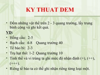 KY THUAT DEM
• Dếm những vật thể trên 2 - 3 quang trường, lấy trung
bình cộng và ghi kết quả.
VD:
• Hồng cầu: 2-5
• Bạch cầu: 4-8 Quang trường 40
• Tế bào bì: 2-3
• Trụ hạt thô: 1-2 Quang trường 10
• Tinh thể và vi trùng ta ghi mức độ nhận định (+), (++),
(+++).
• Riêng tế bào ta có thể ghi nhận riêng từng loại một.
 
