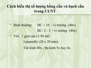 Cách biểu thị số lượng hồng cầu và bạch cầu
trong CLNT
• Bình thường: HC < 10 / vi trường (40x)
BC: 2 - 3 / vi trường (40x)
• Với: 1 giọt cặn (1/50 ml)
Lammelle (20 x 20 mm)
Vật kính 40x , thị kính 5x hay 6x
 