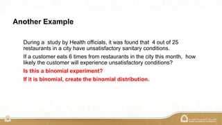 14
Another Example
During a study by Health officials, it was found that 4 out of 25
restaurants in a city have unsatisfactory sanitary conditions.
If a customer eats 6 times from restaurants in the city this month, how
likely the customer will experience unsatisfactory conditions?
Is this a binomial experiment?
If it is binomial, create the binomial distribution.
 