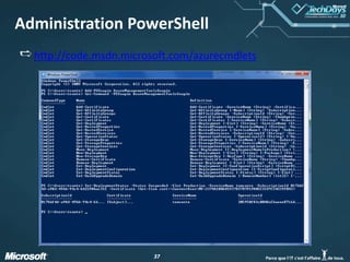 Deux types de « Rôles » disponiblesWeb RoleWorkerRoleRôle « générique »Un point d’entrée: Run() puis carte blanchePeut, entre autres, effectuer des tâches de fond pour le compte des Web RolesEnvironnement IIS 7 / ASP.NETPublie des applications Web ou des servicesCommunique avec les Workers directement (TCP/IP) ou via les files d’attentePlusieurs rôles spécialisés (FastCGI, WCF, etc..)