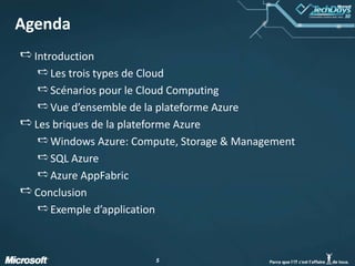 AgendaIntroductionLes trois types de CloudScénarios pour le Cloud ComputingVue d’ensemble de la plateforme AzureLes briques de la plateforme AzureWindows Azure: Compute, Storage & ManagementSQL AzureAzure AppFabricConclusionExemple d’application