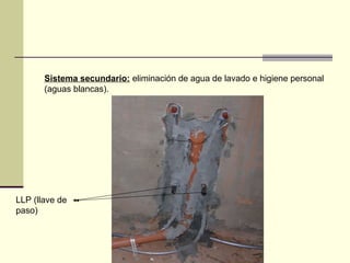 Sistema secundario: eliminación de agua de lavado e higiene personal
       (aguas blancas).




LLP (llave de
paso)
 
