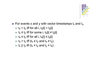 For events x and y with vector timestamps tx and ty,
 tx = ty iff for all i, tx[i] = ty[i]
 tx ≠ ty iff for some i, tx[i] ≠ ty[i]
 tx ≤ ty iff for all i, tx[i] ≤ ty[i]
 tx  ty iff (tx ≤ ty and tx ≠ ty)
 tx || ty iff (tx  ty and ty  tx)
 