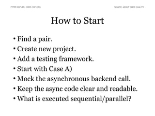 How to Start
●
Find a pair.
●
Create new project.
●
Add a testing framework.
●
Start with Case A)
●
Mock the asynchronous backend call.
●
Keep the async code clear and readable.
●
What is executed sequential/parallel?
PETER KOFLER, CODE-COP.ORG FANATIC ABOUT CODE QUALITY
 