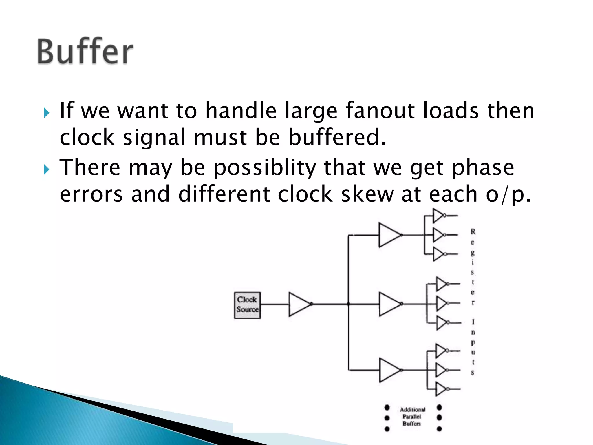 If we want to handle large fanout loads then clock signal must be buffered.There may be possiblity that we get phase errors and different clock skew at each o/p.Buffer