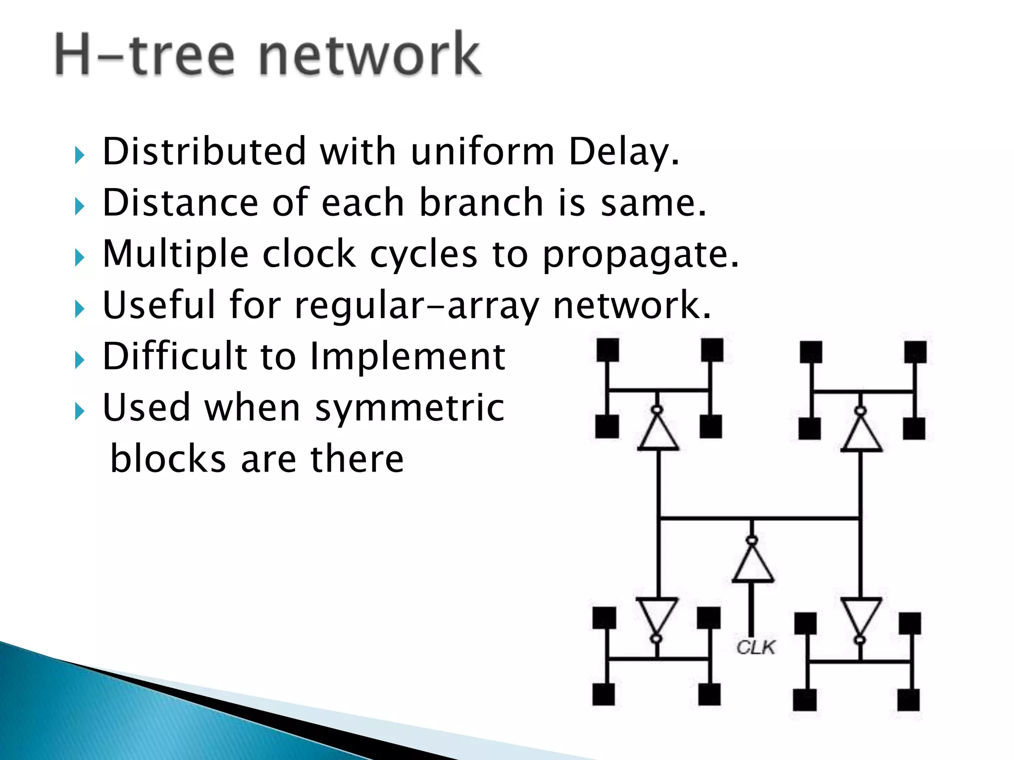 H-tree networkDistributed with uniform Delay.Distance of each branch is same.Multiple clock cycles to propagate.Useful for regular-array network.Difficult to ImplementUsed when symmetric   blocks are there