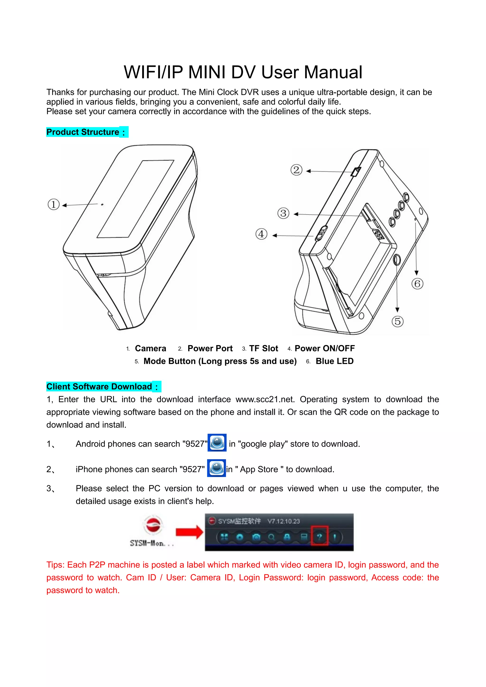 WIFI/IP MINI DV User Manual
Thanks for purchasing our product. The Mini Clock DVR uses a unique ultra-portable design, it can be
applied in various fields, bringing you a convenient, safe and colorful daily life.
Please set your camera correctly in accordance with the guidelines of the quick steps.
Product Structure：
⒈ Camera Power Port TF Slot Power ON/OFF⒉ ⒊ ⒋
⒌ Mode Button (Long press 5s and use) Blue LED⒍
Client Software Download：
1, Enter the URL into the download interface www.scc21.net. Operating system to download the
appropriate viewing software based on the phone and install it. Or scan the QR code on the package to
download and install.
1、 Android phones can search "9527" in "google play" store to download.
2、 iPhone phones can search "9527" in " App Store " to download.
3、 Please select the PC version to download or pages viewed when u use the computer, the
detailed usage exists in client's help.
Tips: Each P2P machine is posted a label which marked with video camera ID, login password, and the
password to watch. Cam ID / User: Camera ID, Login Password: login password, Access code: the
password to watch.
 