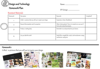 Homework Description Keywords Completed?
1 Collect 10 pictures that you will use to inspire your design Inspiration, Colour, Moodboard
2 Research thermoplastic and it’s properties What is thermoplastic? How is it created so we can use it?
Find 3 facts about thermolastic.
3 Produce a making diary Remember to use keywords from your lessons.
4 Can you label the tools? Needle files, straight files, acrylic, clock mechanism, coping
mechanism, coping saw
DesignandTechnology
Resistant Materials
HomeworkPlan
Name: ……………………………….
DT Group: …………………………..
Collect 10 pictures that you will use to inspire your design
Homework1
 