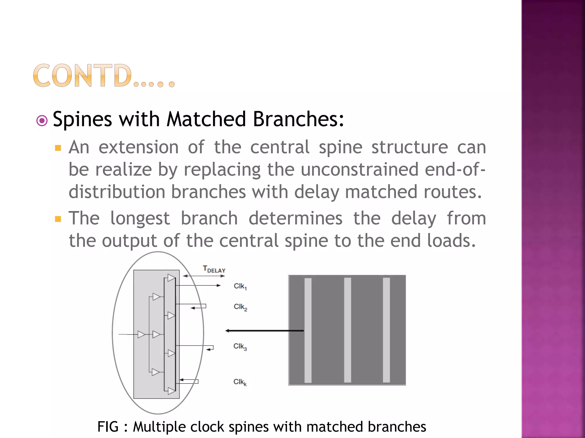  Spines with Matched Branches: 
 An extension of the central spine structure can 
be realize by replacing the unconstrained end-of-distribution 
branches with delay matched routes. 
 The longest branch determines the delay from 
the output of the central spine to the end loads. 
FIG : Multiple clock spines with matched branches 
 