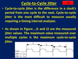 Cycle-to-Cycle Jitter
• Cycle-to-cycle jitter is the difference in a clock’s
period from one cycle to the next. Cycle-to-cycle
jitter is the most difficult to measure usually
requiring a timing interval analyzer.
• As shown in Figure , J1 and J2 are the measured
jitter values. The maximum value measured over
multiple cycles is the maximum cycle-to-cycle
jitter.
 