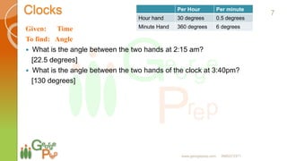 Clocks
Given: Time
To find: Angle
 What is the angle between the two hands at 2:15 am?
[22.5 degrees]
 What is the angle between the two hands of the clock at 3:40pm?
[130 degrees]
Per Hour Per minute
Hour hand 30 degrees 0.5 degrees
Minute Hand 360 degrees 6 degrees
7
www.georgeprep.com 9985372371
 