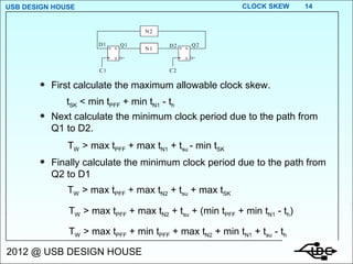 First calculate the maximum allowable clock skew. Next calculate the minimum clock period due to the path from Q1 to D2. Finally calculate the minimum clock period due to the path from Q2 to D1 t SK  < min t PFF  + min t N1  - t h T W  > max t PFF  + max t N1  + t su  - min t SK T W  > max t PFF  + max t N2  + t su  + max t SK T W  > max t PFF  + max t N2  + t su  + (min t PFF  + min t N1  - t h ) T W  > max t PFF  + min t PFF  + max t N2  + min t N1  + t su  - t h N 1 N 2 C 1 C 2 Q 1 D 2 Q 2 D 1 D Q Q D Q Q 