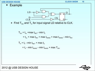 Example Find T SU  and T H  for input signal LD relative to CLK. T SU  = t su  +max t NET  - min t C T H  = t h  - min t NET  + max t C = t su  + max t INV  + max t NAND  + max t NAND  - min t INV = t h  - min t NAND  - min t NAND  + max T INV 